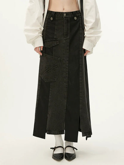 Black Leather Asymmetrical Denim Skirt