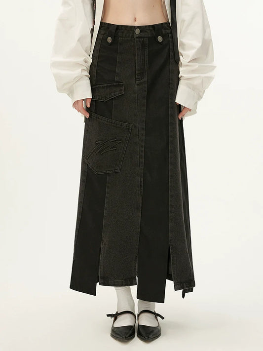 Black Leather Asymmetrical Denim Skirt