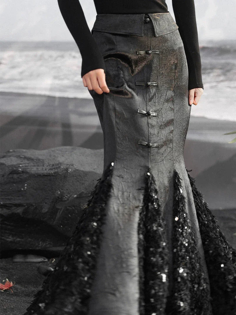 Design Skirt Mermaid China Satin Splyce Feather Sequined Dark
