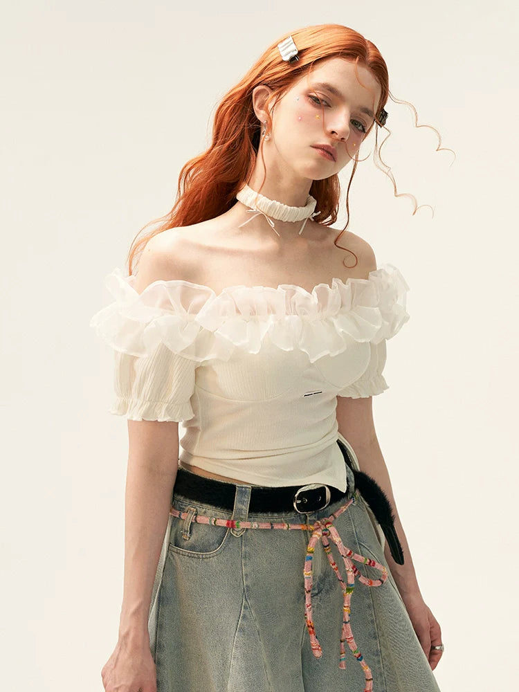 Haut en dentelle, épaules en tulle, haut fleuri, tricot