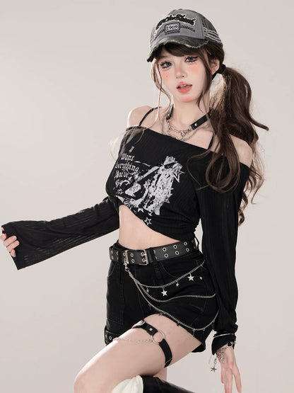 Printed Strap Loose Top Sheer Off-the-shoulder