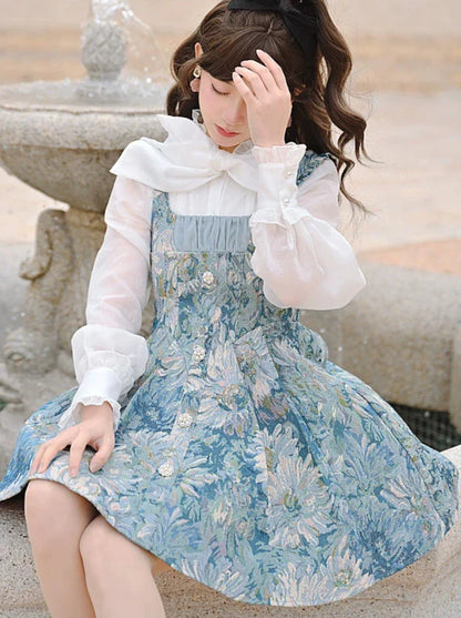 Suspender Forest Taste Oil + Bow Shirt Paint Dress Tie Chiffon Frilled