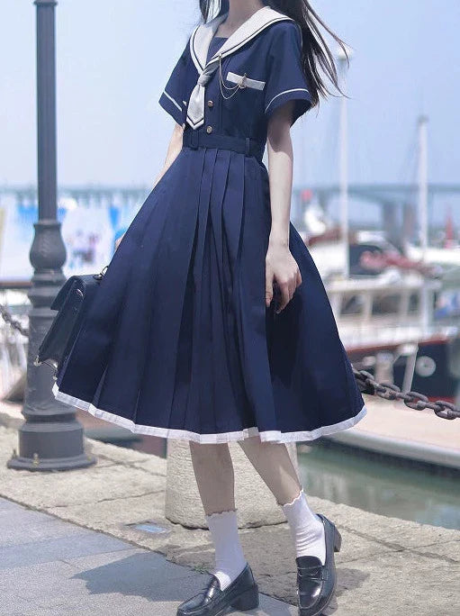 Pleated Style Dress Sailor Collar College