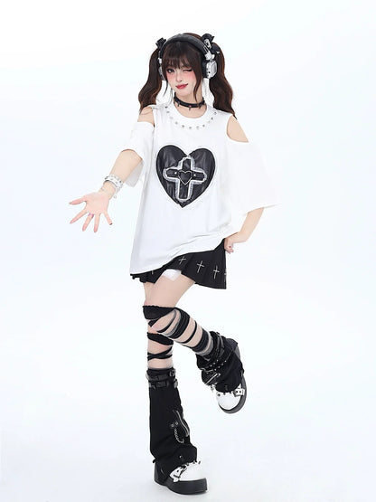 Dunkles T-Shirt mit genieteter Spitze Love Loose Open Shelder