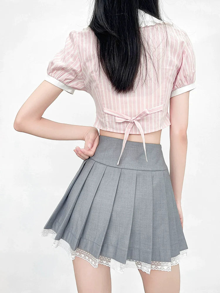 Striped Color Top Ribbon Puff Sleeve Sweet