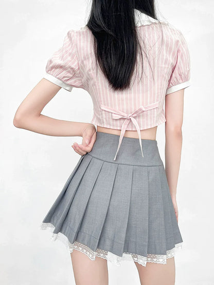 Striped Color Top Ribbon Puff Sleeve Sweet