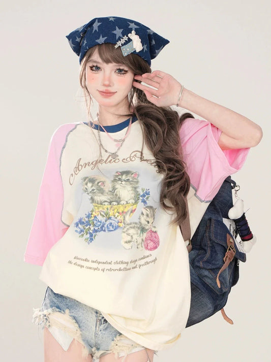 Lockeres Raglan T-Shirt Print Katze Niedlich
