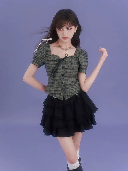 Check Girly Square Chic Neck Tops