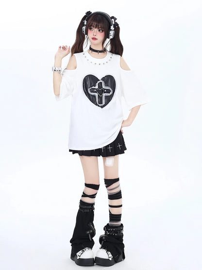 Dunkles T-Shirt mit genieteter Spitze Love Loose Open Shelder