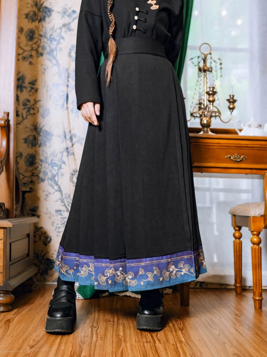 Contrast Retro Color China Pleated Skirt Leaf