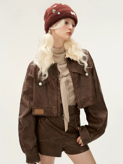 Osh Design Leather Fur Collar Jacket + Short Leather Pants