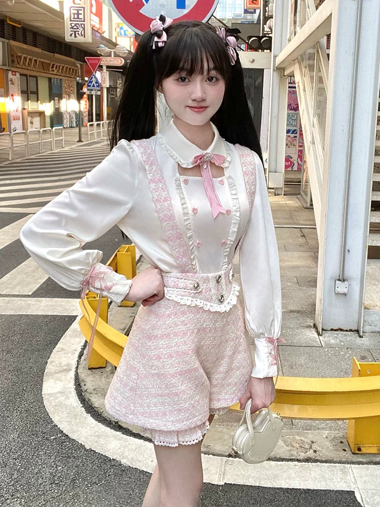 Girl Blouse Pants Pink Suspender Pure Tweed