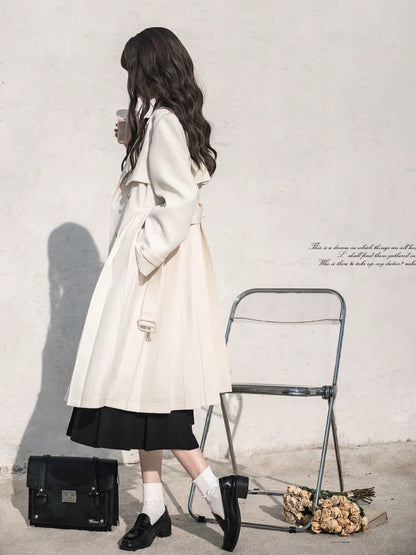 Jupe + Manteau plissé abricot Métal + Ruban noir Chemise universitaire Badge brodé Trench