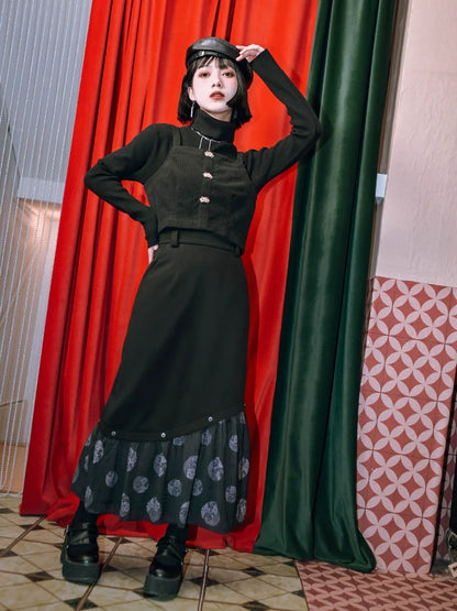 ロングチャイナプラスプリントスカート スプライシングベルベット