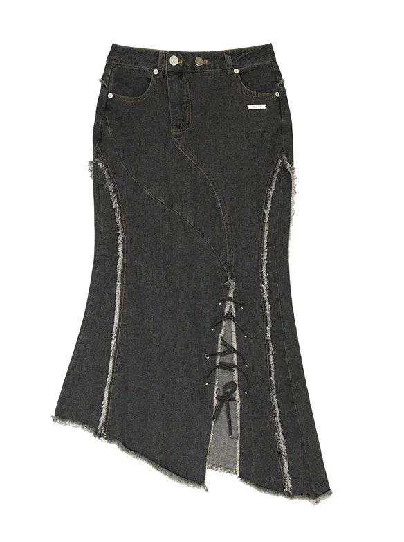 Slit Asymmetrical Damaged Skirt Denim Retro