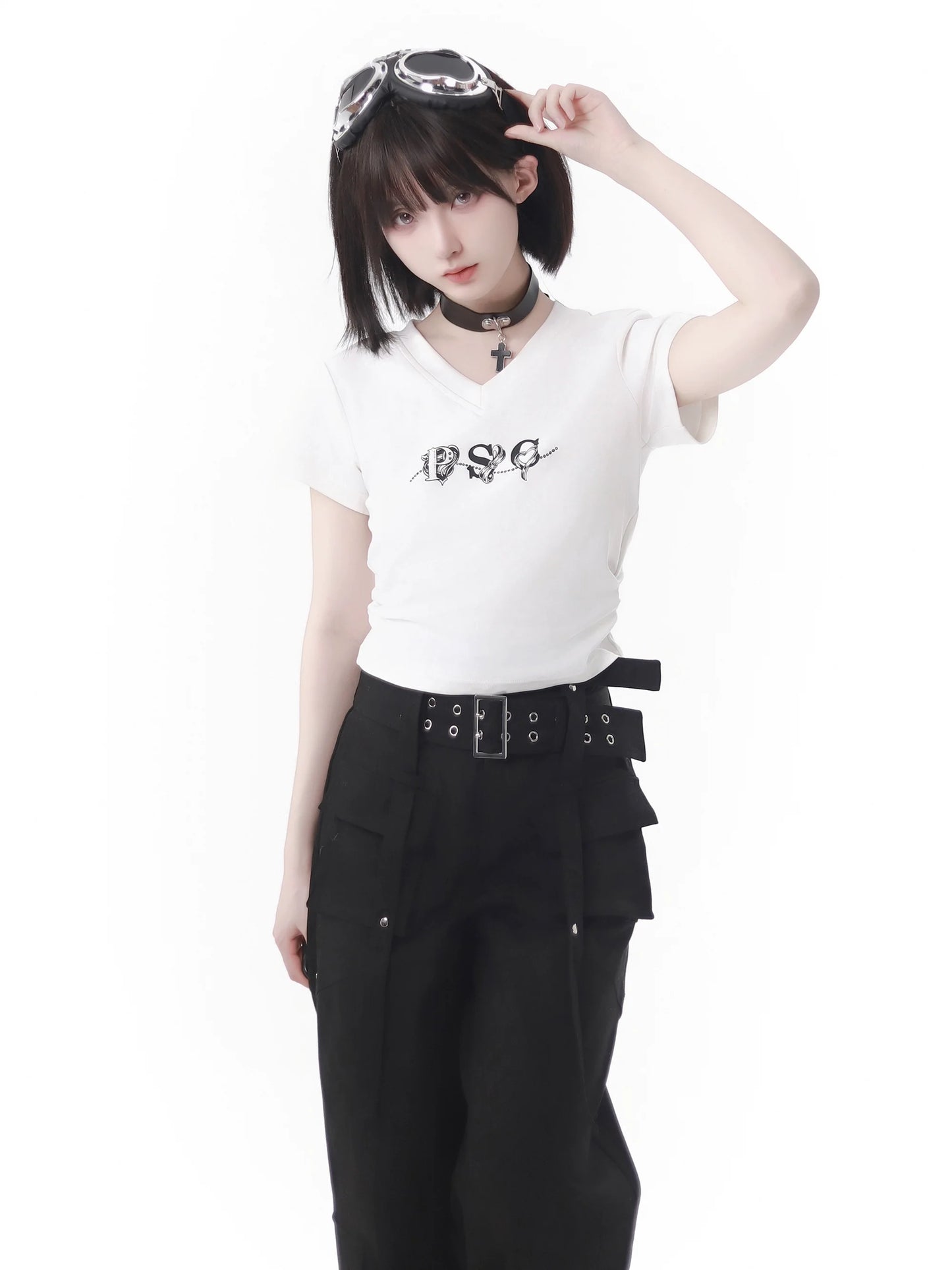 Weißes T-Shirt mit V-Ausschnitt, grau, schmal