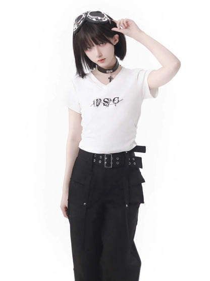 Weißes T-Shirt mit V-Ausschnitt, grau, schmal