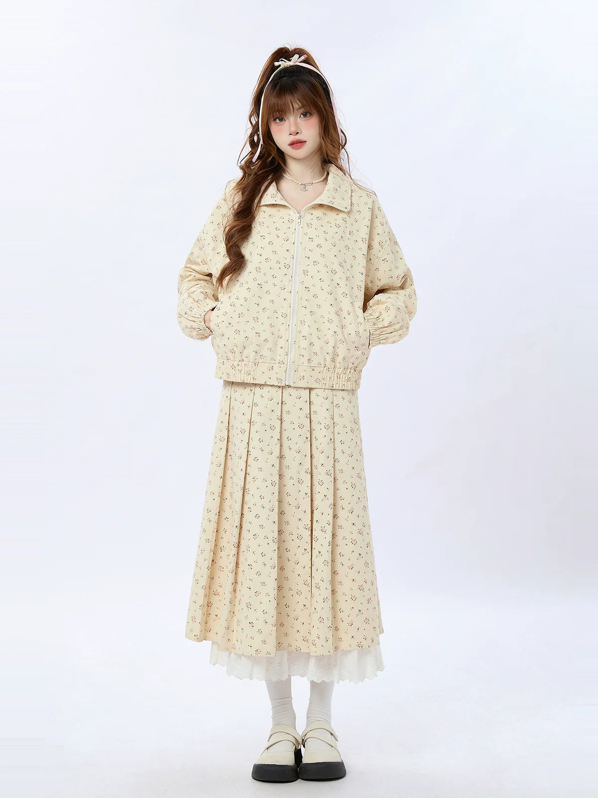 Veste en dentelle plissée zippée, petite, courte/longue + jupe roulée