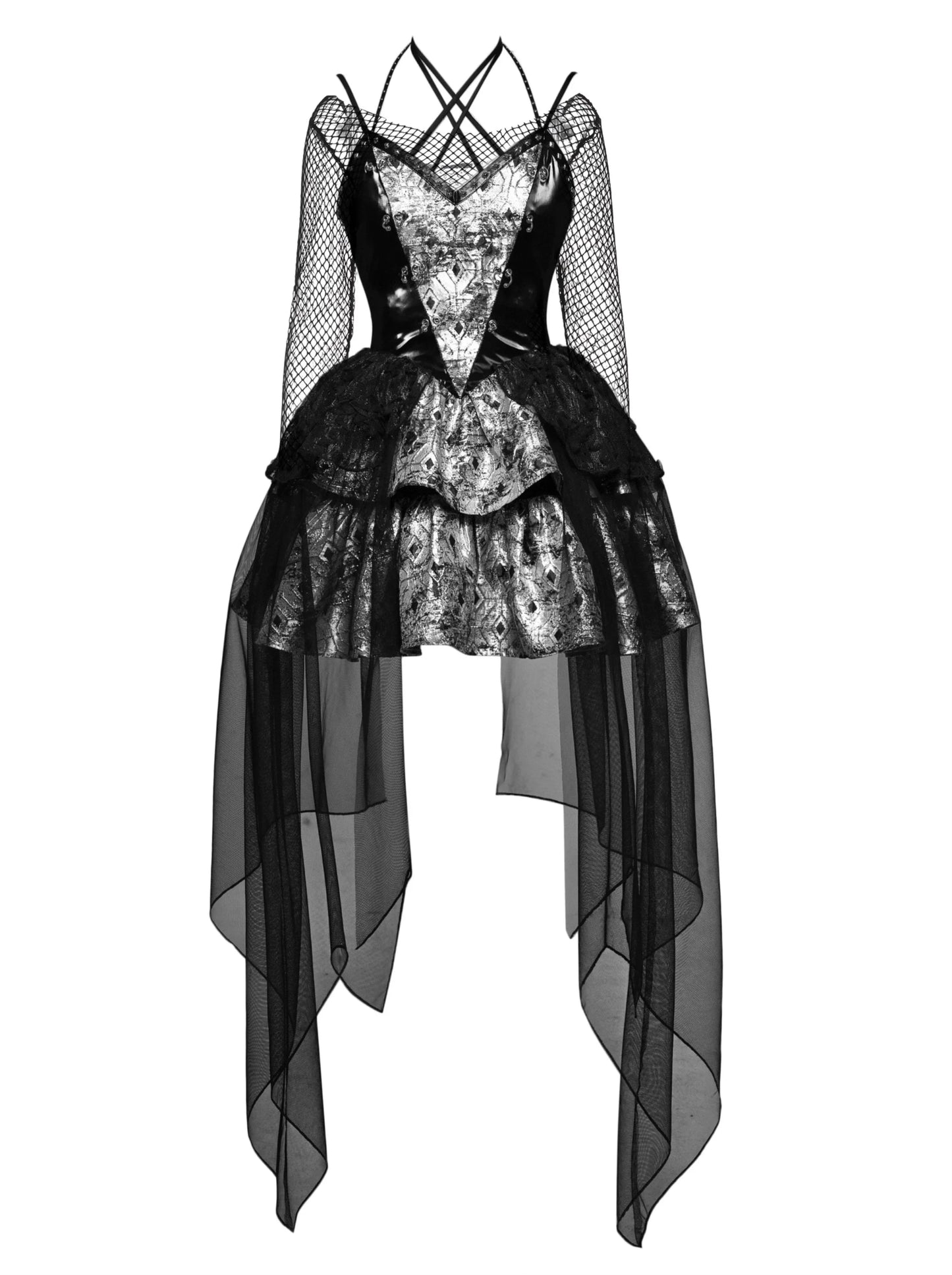 PU Suspender Punk Halter-neck Mesh Metallic Off-the-shoulder Tulle + Top Dress Sheer