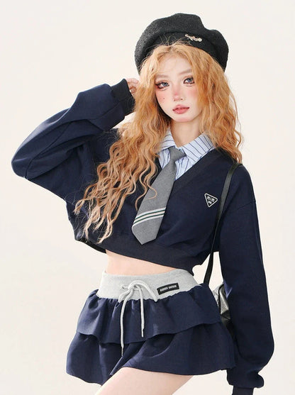 College + Tie Short Style Sweatshirt + Set Color Striped Piece Faux Skirt Two