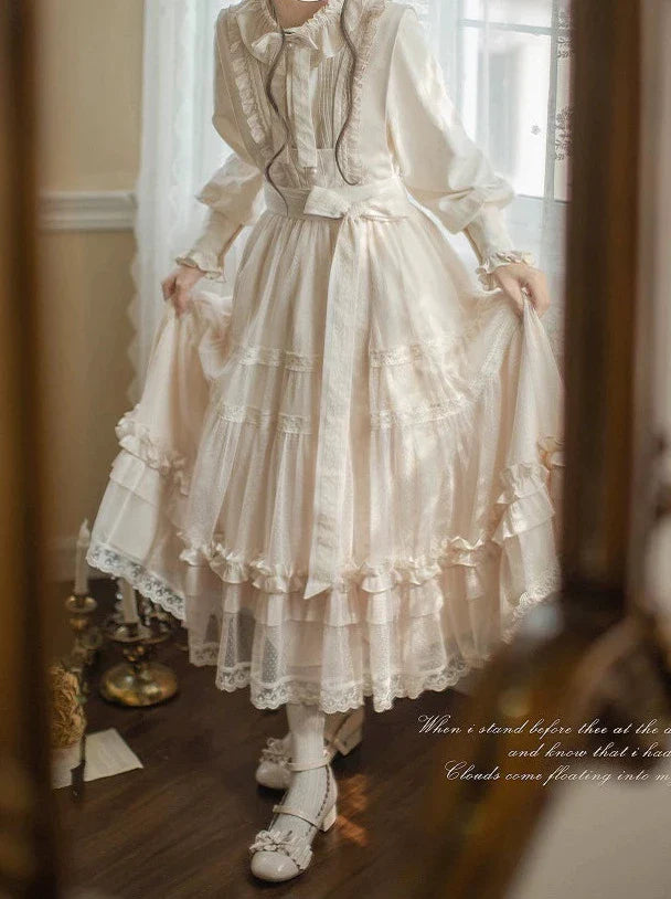 Haut à pois taille haute Lolita à volants et ruban, robe d'été légère, élégante et douce avec ruban en dentelle