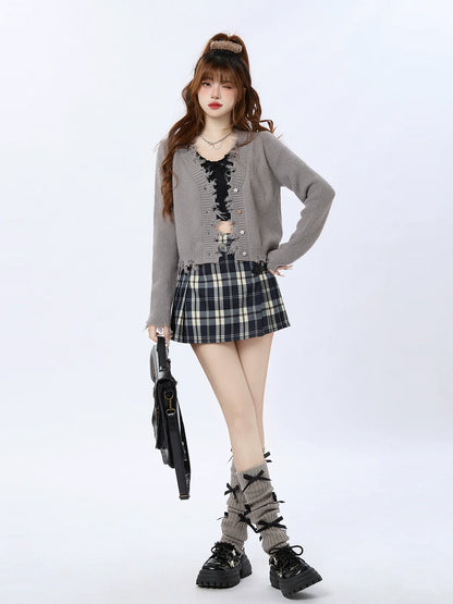 Fringe V-neck Damaged Cardigan