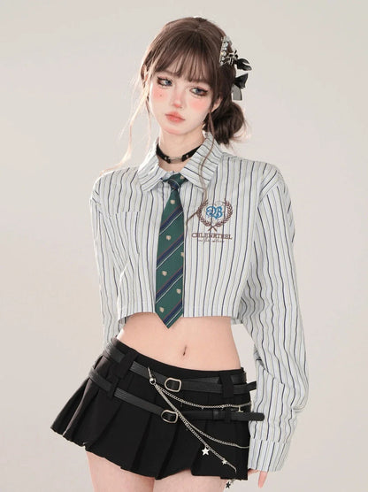 Ensemble cravate style polo court + chemise haute à rayures pour l'école