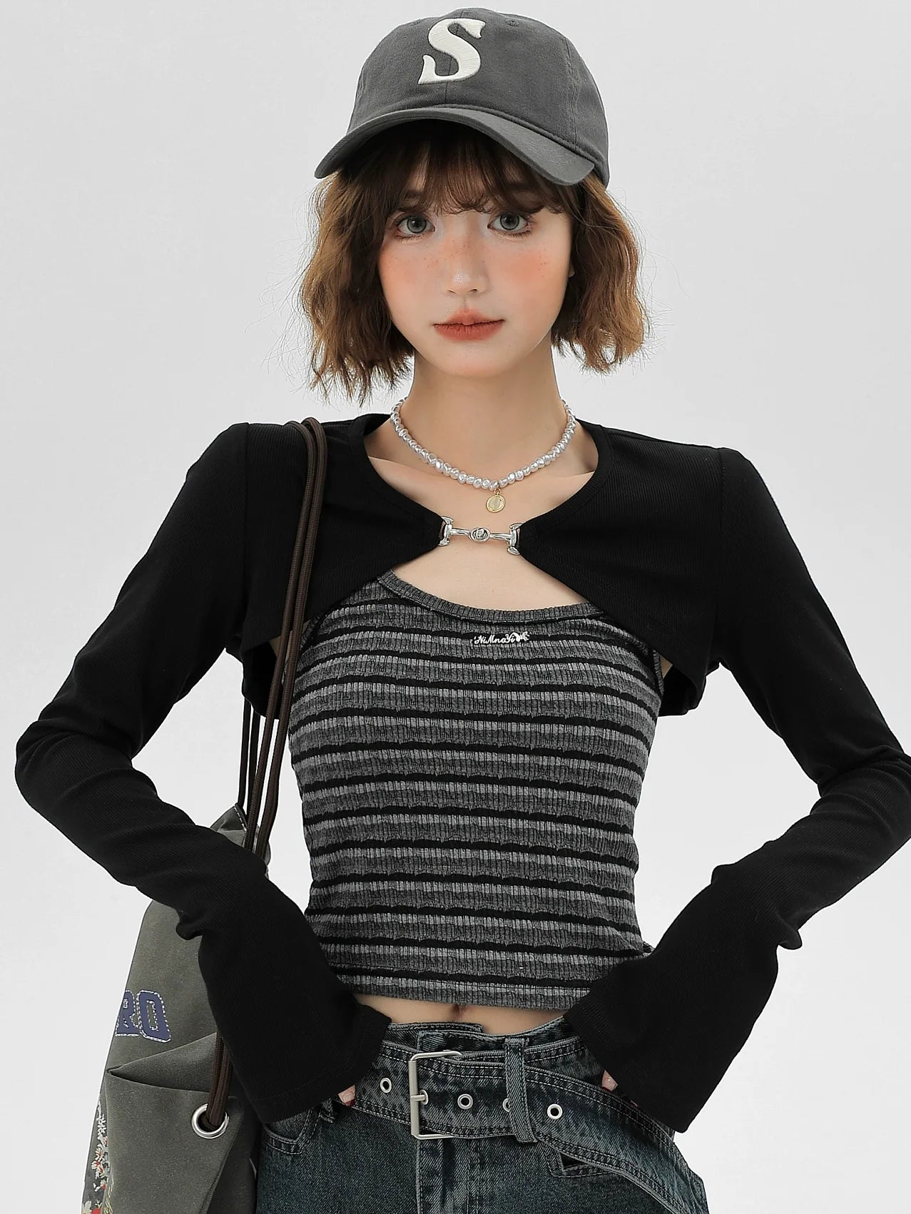 Cami American Cardigan Striped Short Piece Set Top Black Two
