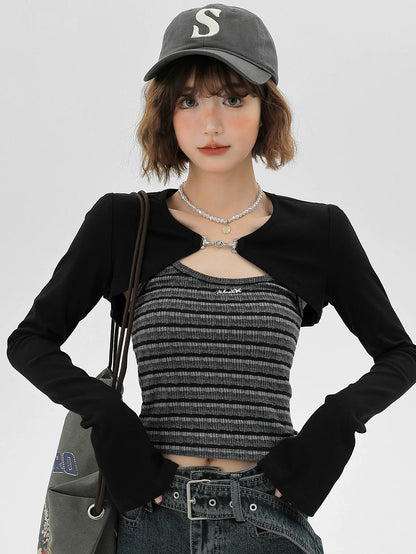 Cami American Cardigan Striped Short Piece Set Top Black Two
