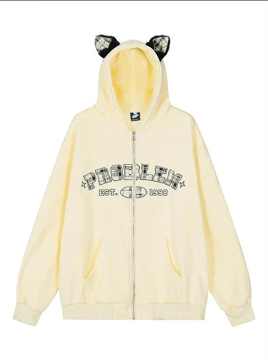 Sweat à capuche zippé en velours à carreaux avec oreilles Warmers