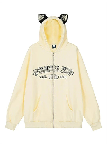 Sweat à capuche zippé en velours à carreaux avec oreilles Warmers