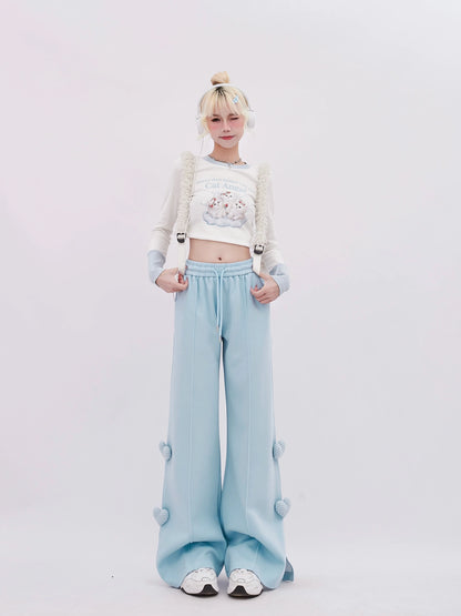 Blue Casual Pop Pants Heart Wide