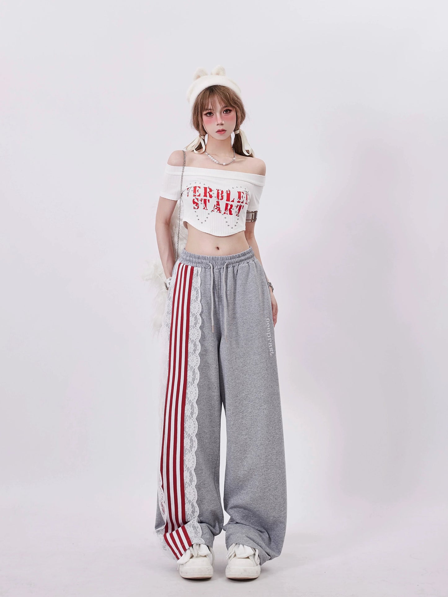 Stripe Asime Sweatpants Casual Lace