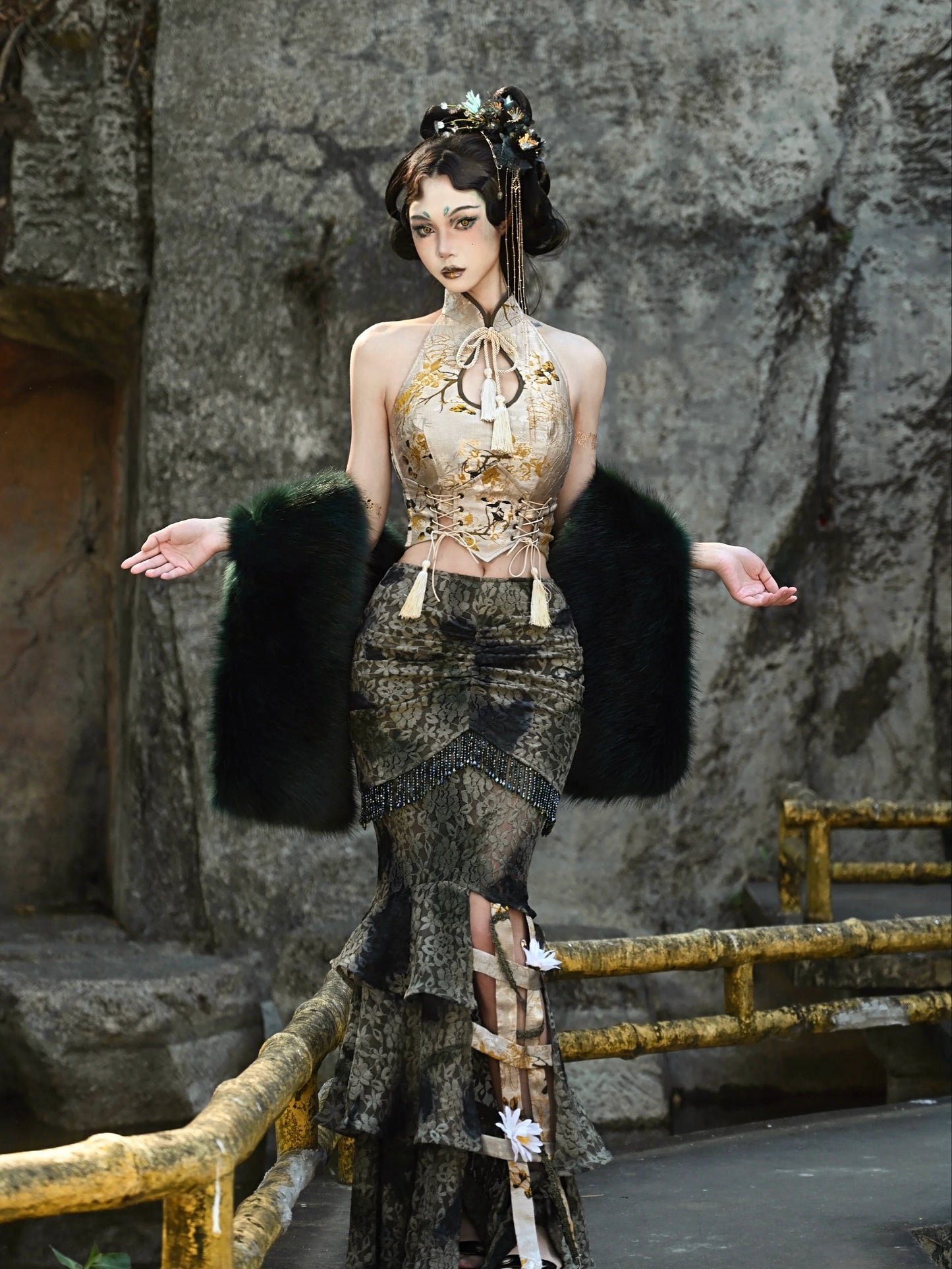 フェスティバルレースゲージドラゴンチャイナスカートバードタイダイスリム