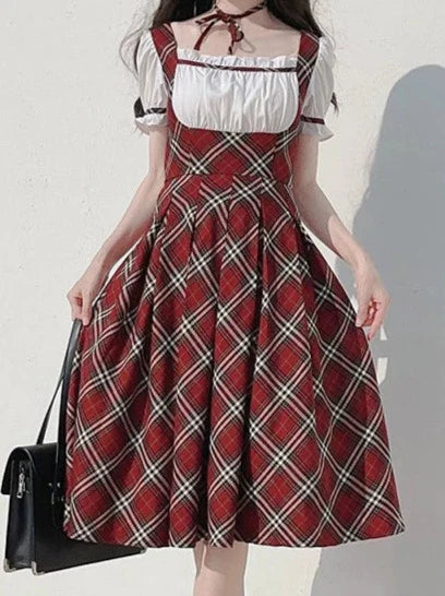 Ruban élégant gâteau bouffant à carreaux manches rouges vintage framboise écossais + robe ras du cou