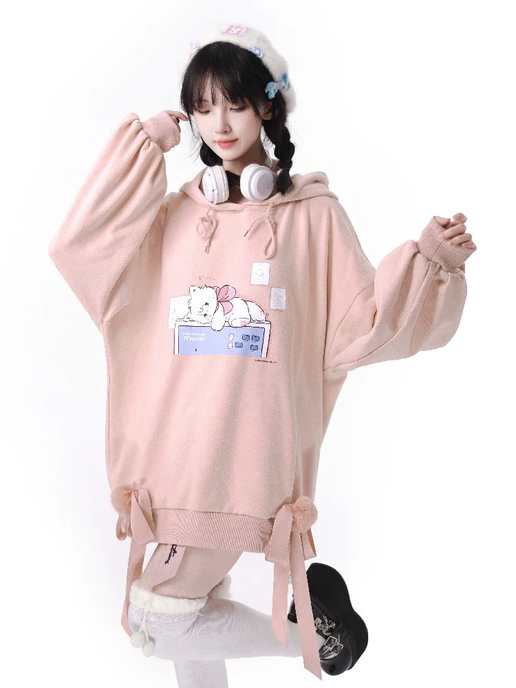 プラスベルベッドピンクホワイトボールリボンパーカー