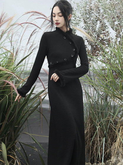 Slim Dress Dark Fur Button Knit