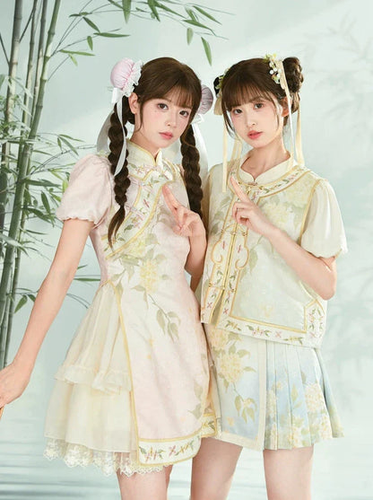 Chemise chinoise + jupe + gilet à manches bouffantes en jacquard