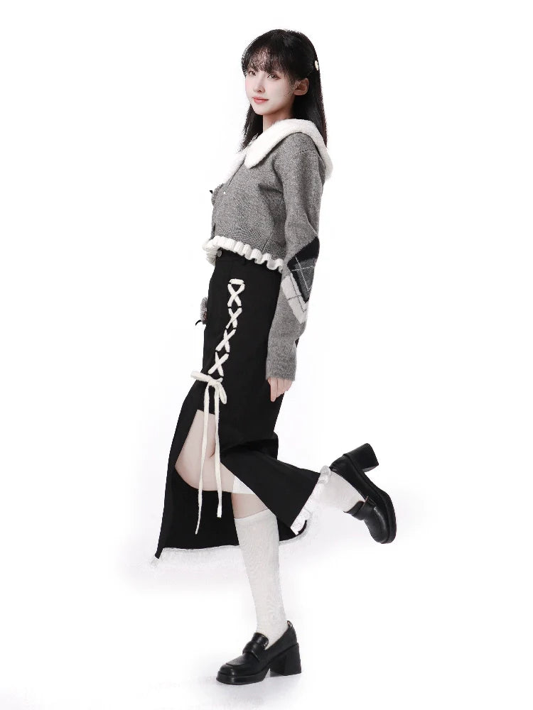 Rabbit Far Color Pearl Buckle Frilling Short Cardigan + Mermaid Slit Skirt