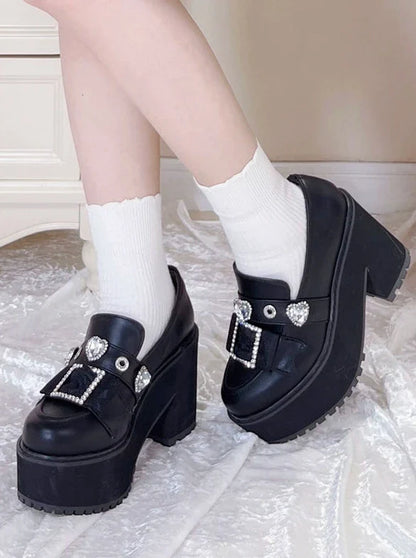 Enamel Platform Shoes Matte Toe Jewel Pointed Black Black Loafer
