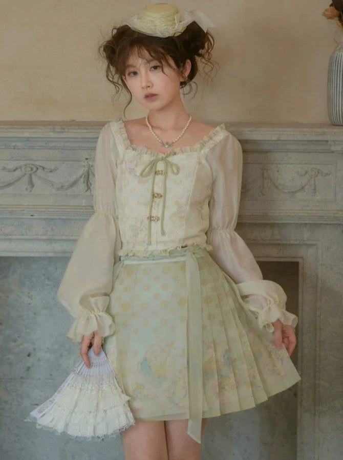 Ensemble floral en mousseline de soie légère de Chine verte
