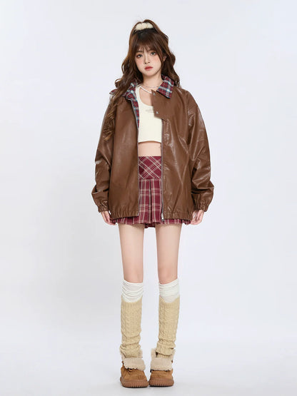 Veste rétro à col à carreaux en cuir ample américain