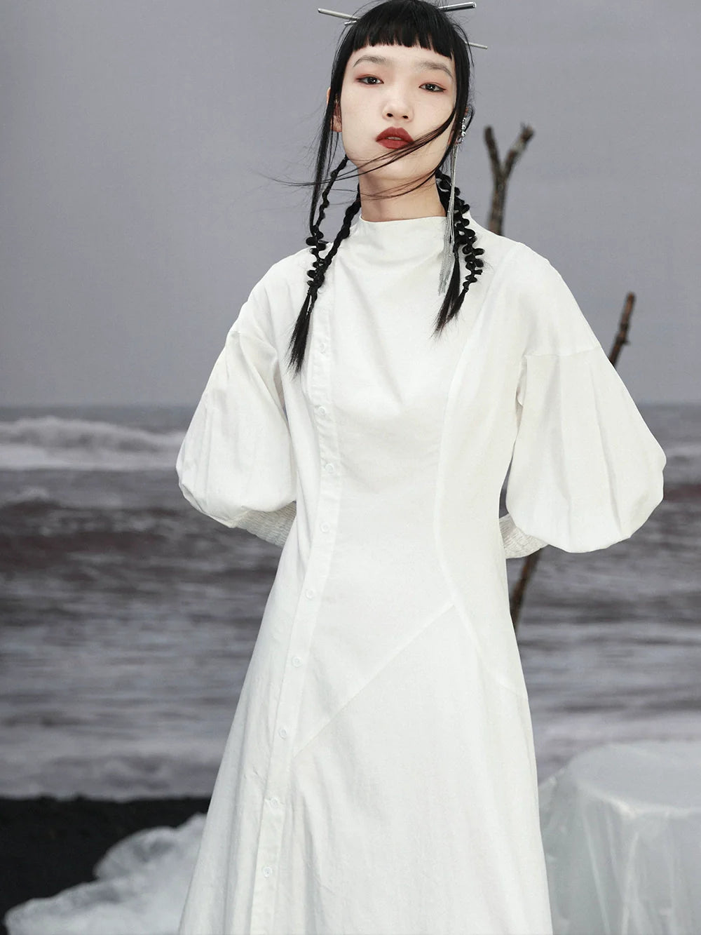 Lantern Long Sleeve Slit Dress Elegant