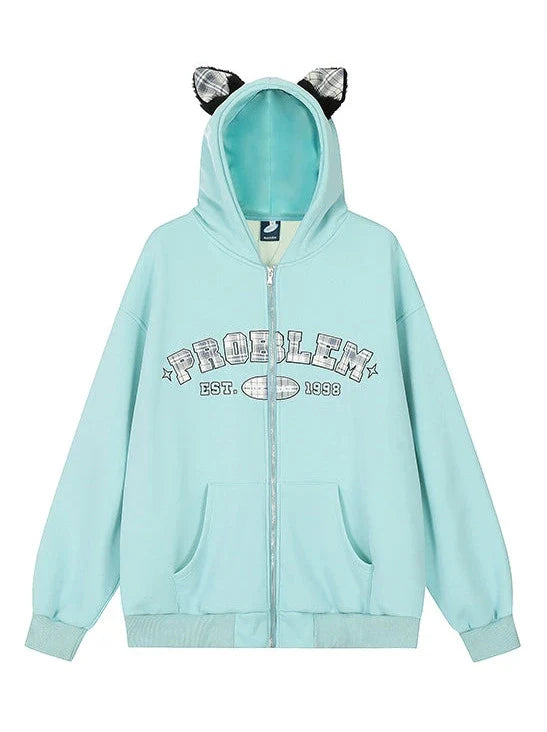 Sweat à capuche zippé en velours à carreaux avec oreilles Warmers