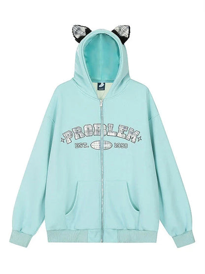 Sweat à capuche zippé en velours à carreaux avec oreilles Warmers