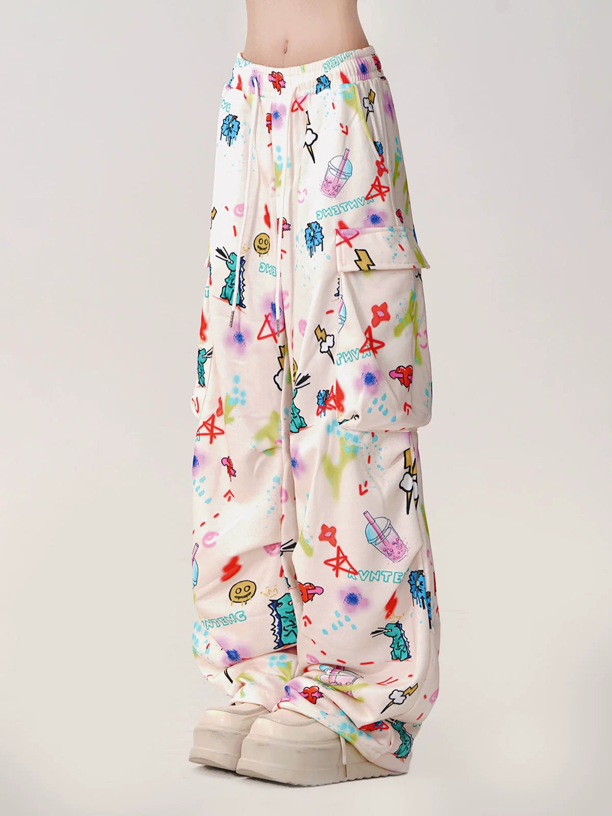 Side Cartoon Street Pants Loose Wide Pocket