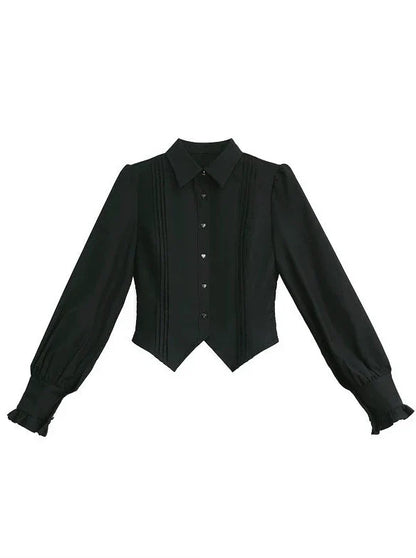 Ruffle Black Accessories Suit Ruffle Shoulder Ribbon + Sleeve Shirt + Retro Elegant Dress Check Layered