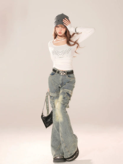 Flared Belt Denim Light-osh Pants