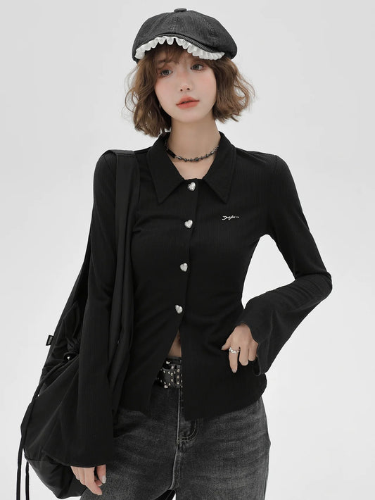 Knit Bell Black Slim Polo Collar Cardigan Sleeve Retro