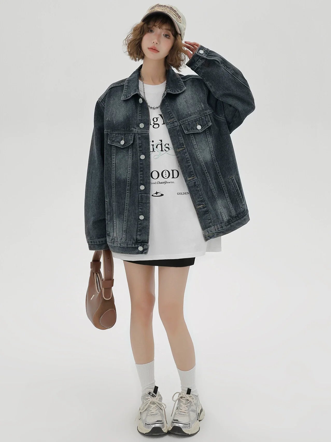 Veste américaine délavée en denim nostalgique ample et rétro